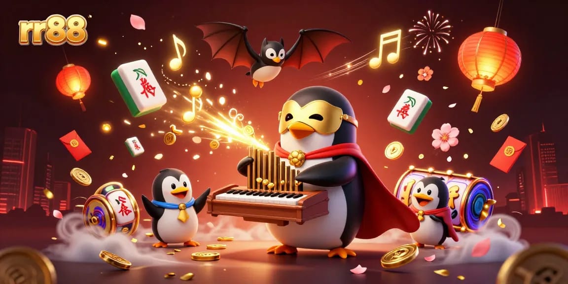Experience the vibrant gaming world of rr88 with a whimsical scene featuring a penguin organist amidst slot reels and golden treasures.