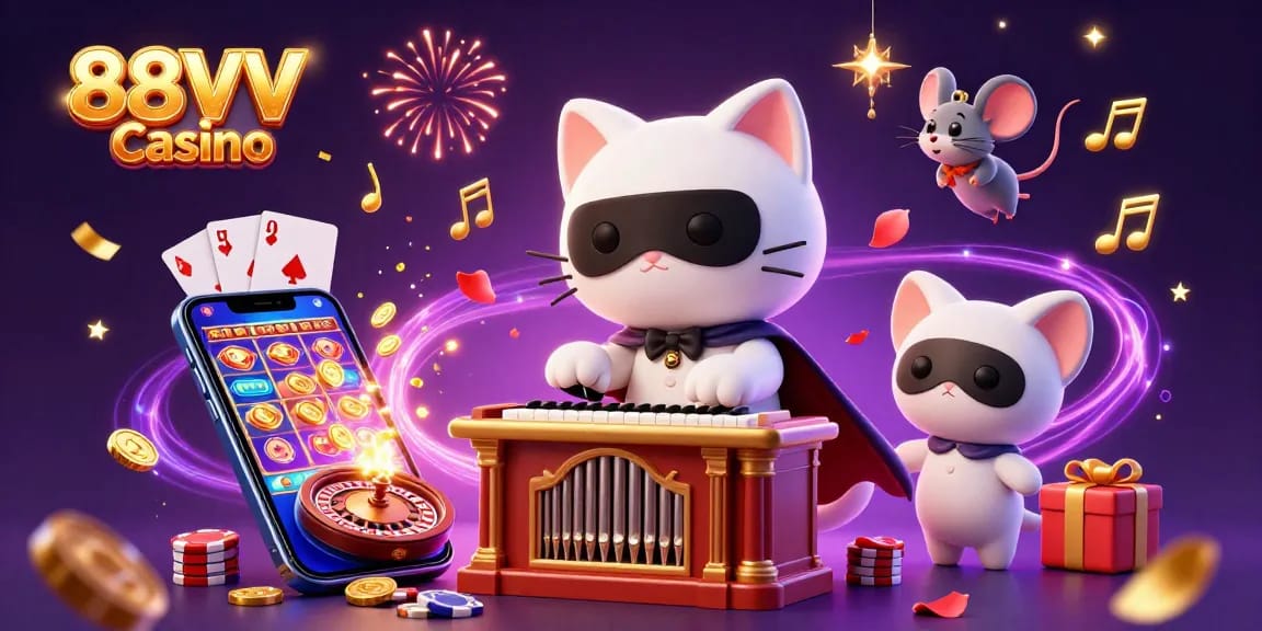 Engage with the thrilling 88VV Casino experience featuring a vibrant casino scene, rich visuals, and playful characters.