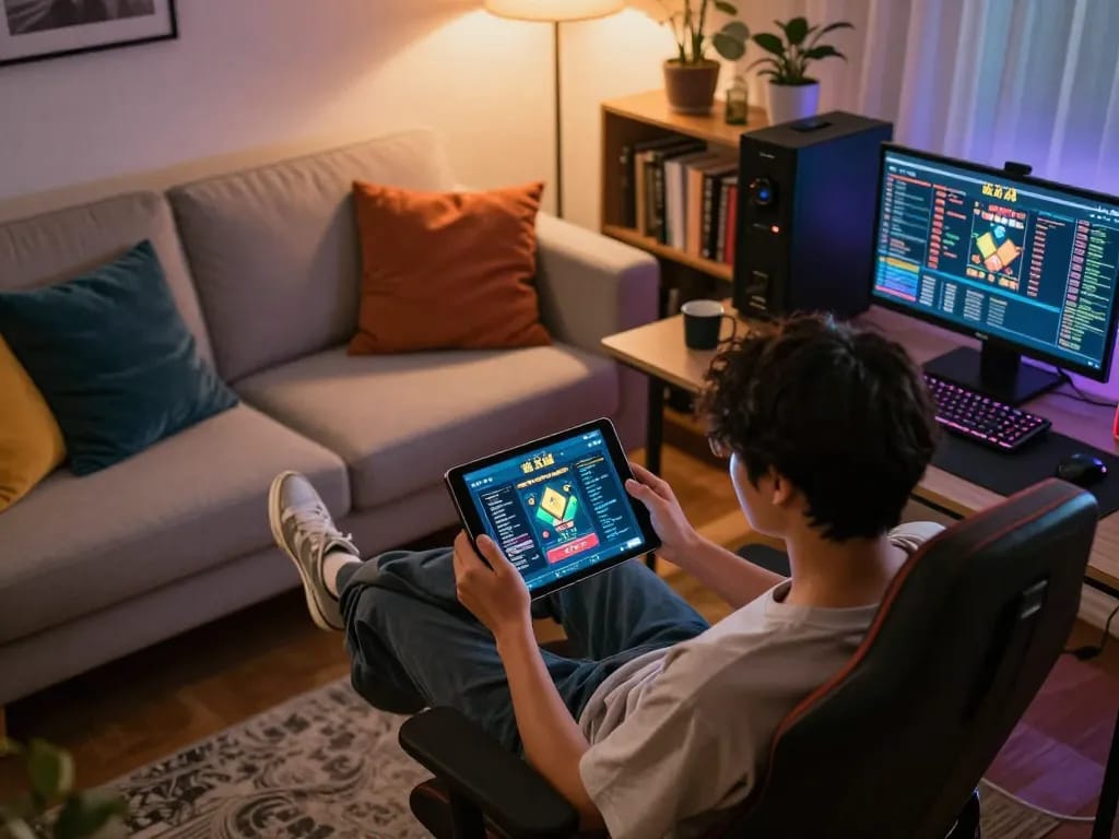Enjoying the app tài xỉu online at home with modern gaming setup, tablet displaying exciting gameplay and cozy atmosphere.