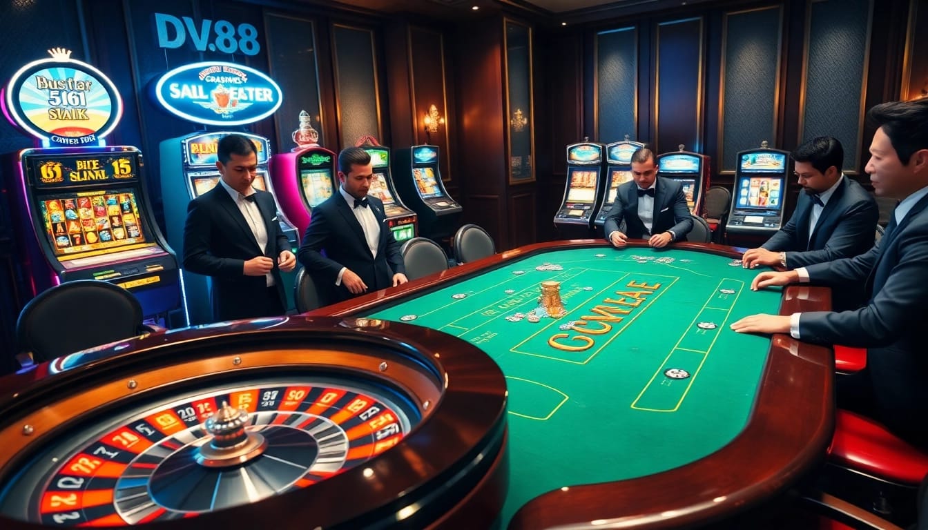 High-stakes poker players engaged at a glamorous DV88 gaming table, showcasing elegance and excitement in a luxurious casino.