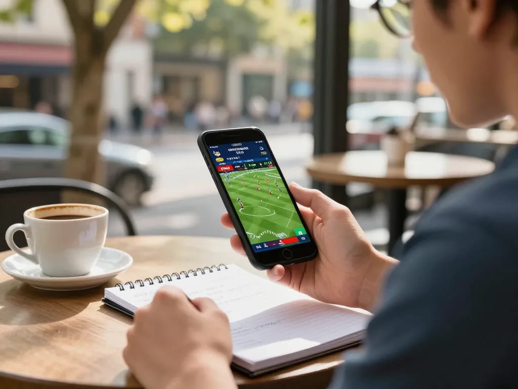 Engaging experience tracking footballresults on a smartphone while enjoying a coffee outdoors