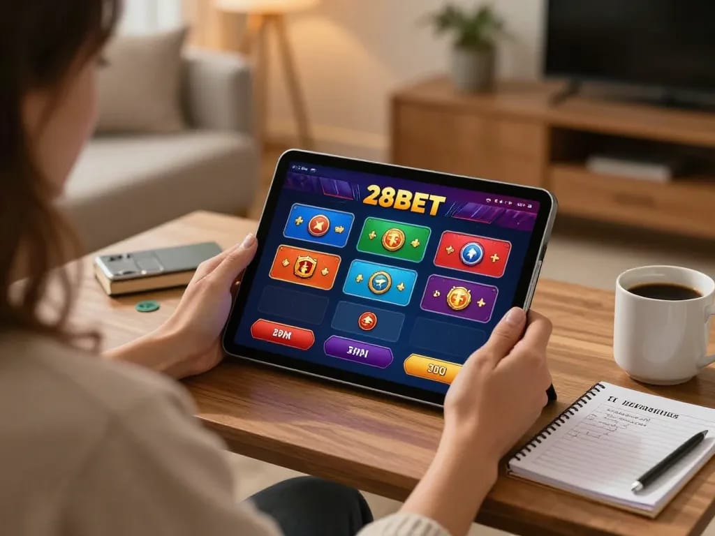 Engage in exciting online gaming at 28BET, featuring colorful game interfaces and a cozy atmosphere.