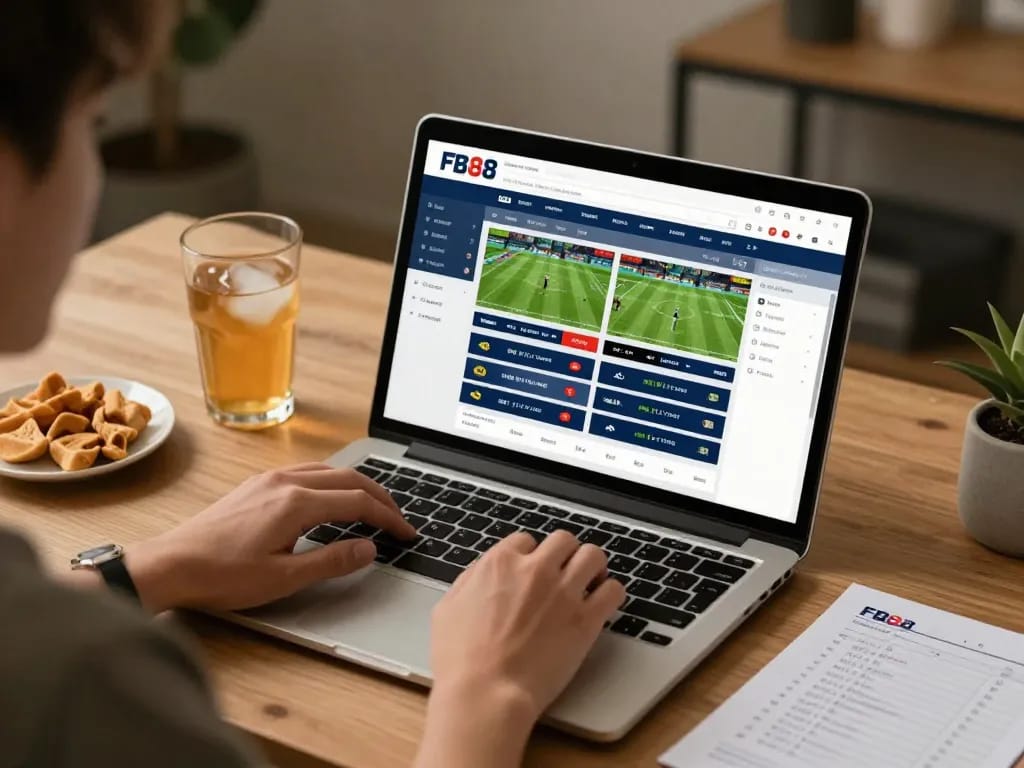 Placing bets on FB88 sportsbook during an exciting online gaming session at home.