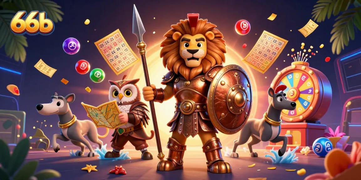 Engage with 66b's thrilling lottery scene featuring a Spartan lion, an owl strategist, and a greyhound amidst colorful game elements.