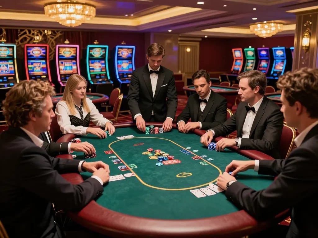 TT88 nhà cái poker game in upscale casino, players engaged with chips stacked high at lively tables.