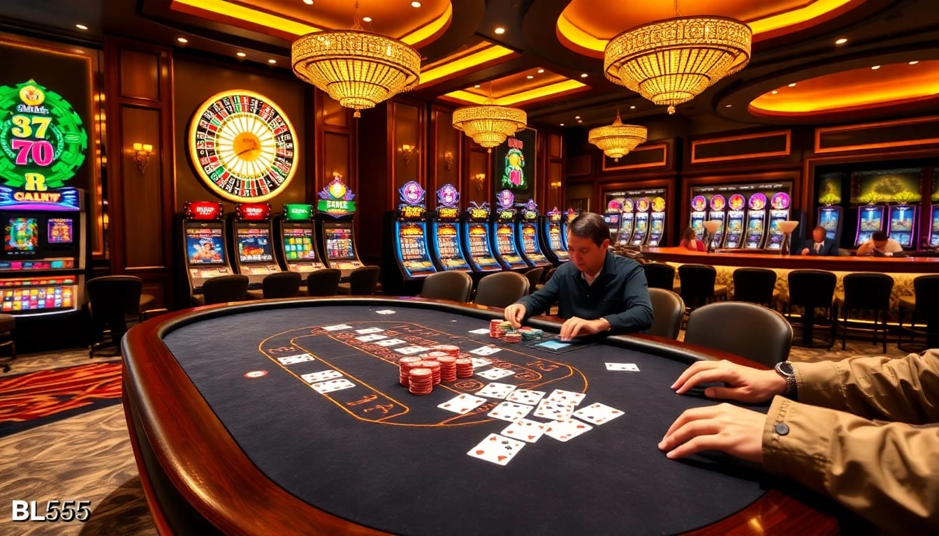 Experience thrilling gameplay with BL555 at a luxurious casino table featuring poker chips and vibrant cards.