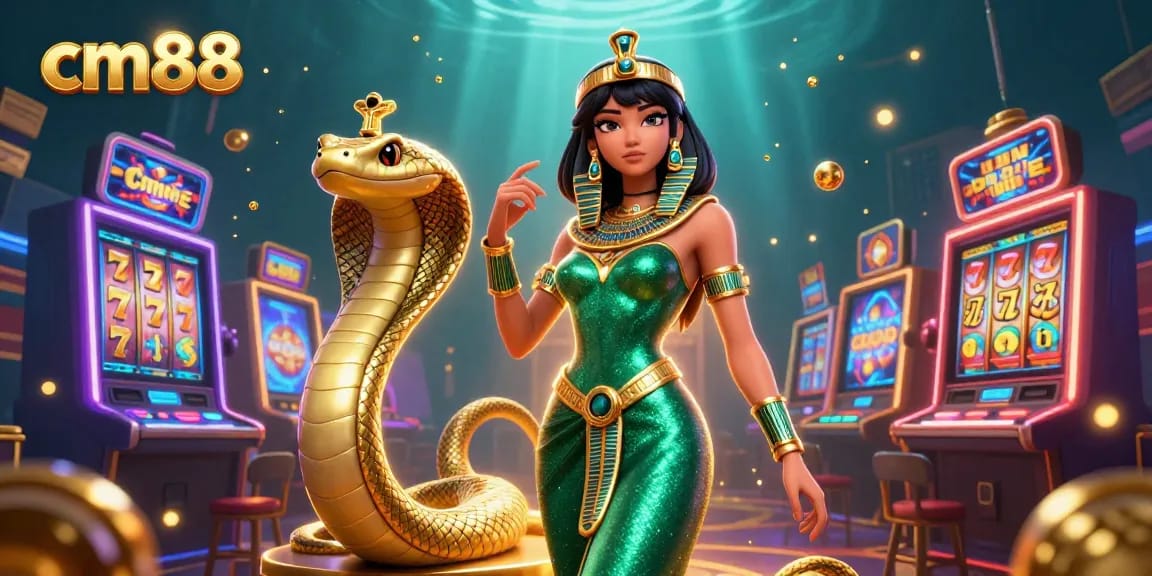 Spin the reels with cm88 in vibrant 3D casino artwork featuring dynamic slot machines and a golden cobra.