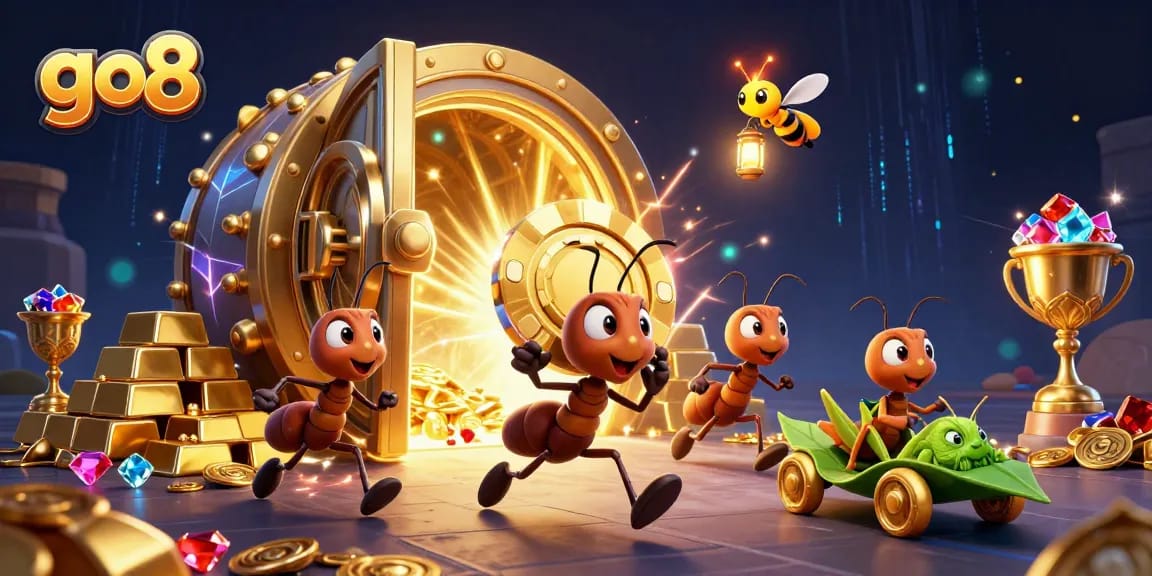 Go8 casino ants heist scene with golden poker chip and treasure, showcasing rich gaming elements.