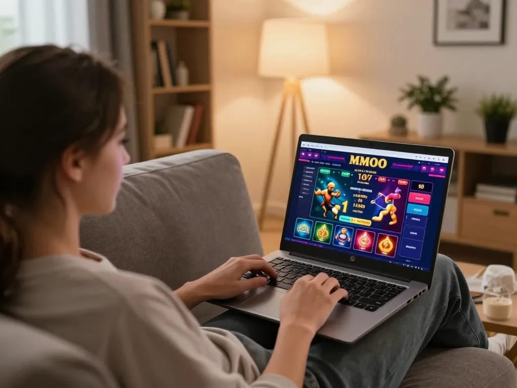 Engaging gameplay on MMOO online casino interface from home with warm atmosphere