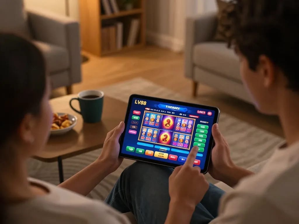 Engaging in strategic online gaming at LV88 from a cozy home setup, featuring a tablet with casino games.
