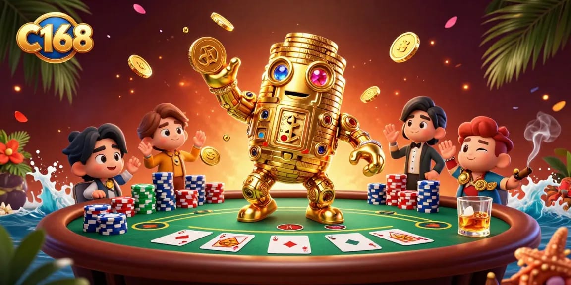 C168 showcases a vibrant poker scene with a golden golem, stacked chips, and winning hands