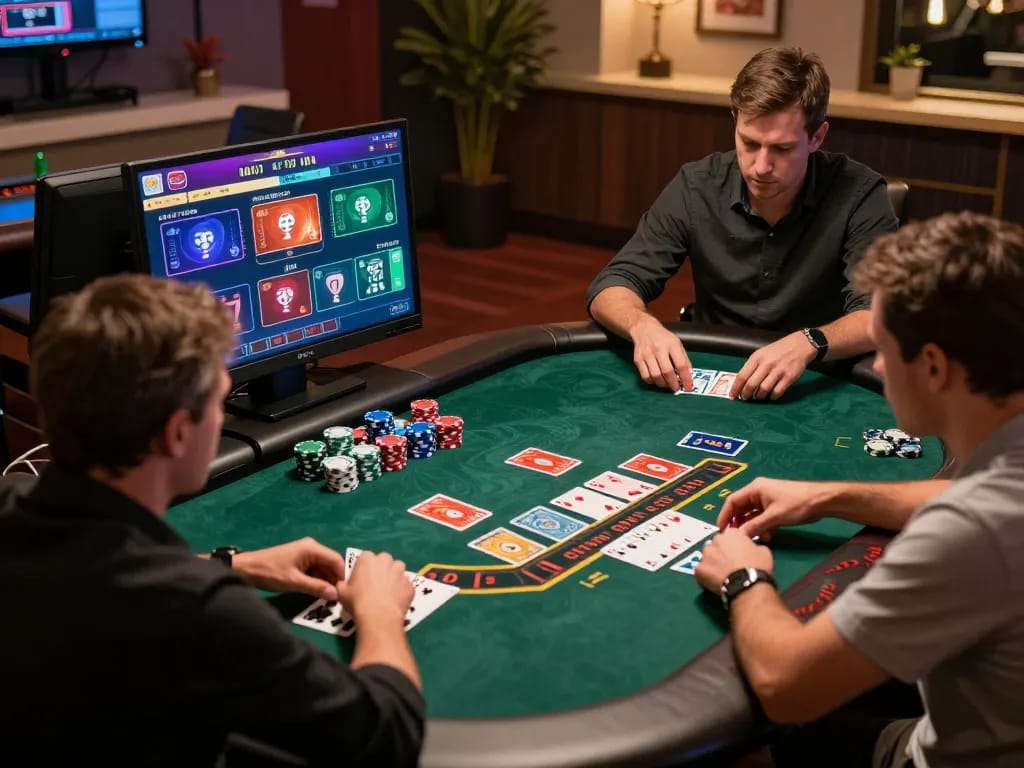 Engaged players strategizing during an online blackjack game at tt88.com with vibrant interface and chips visible.