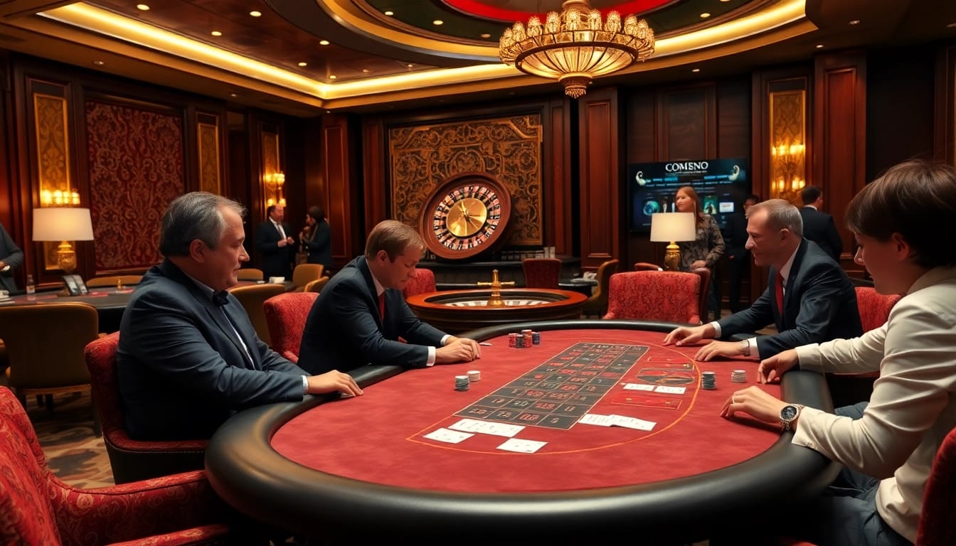 Hit club poker players strategizing at an upscale table in a vibrant casino atmosphere.
