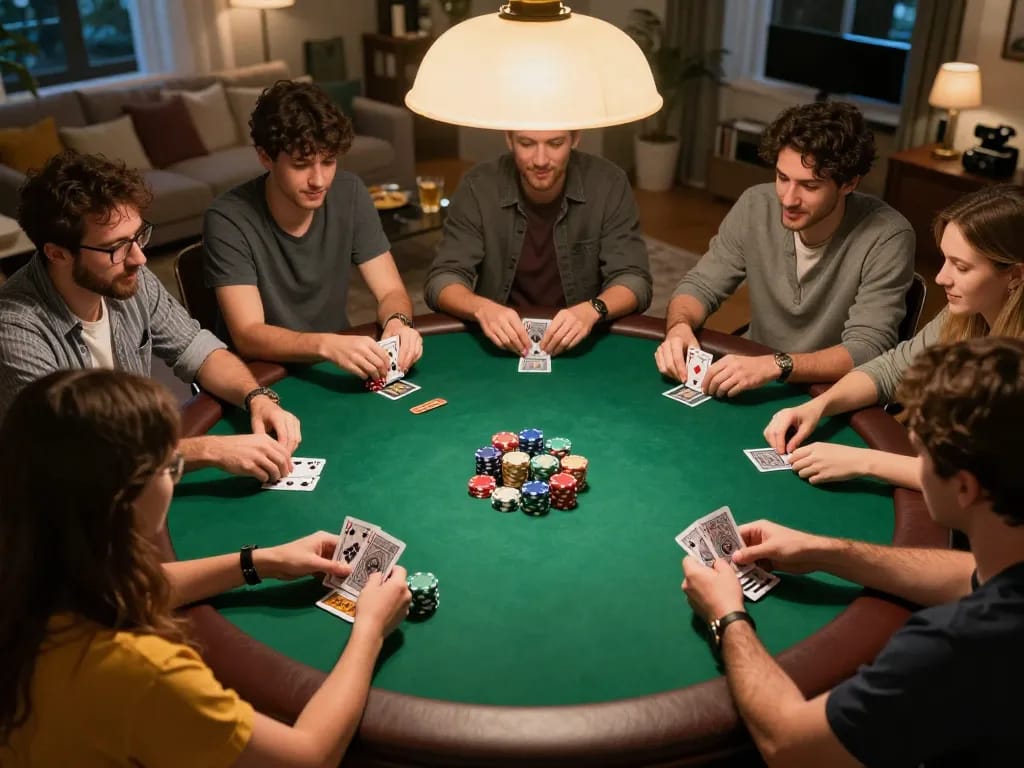 Engaging poker game scene featuring players at a home table, showcasing go8's gambling atmosphere and camaraderie.