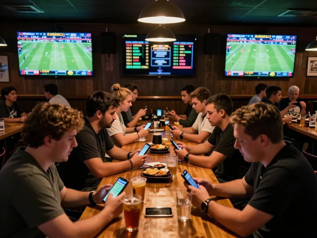 Excited fans engaging in sports betting while analyzing keo nha cai odds on smartphones