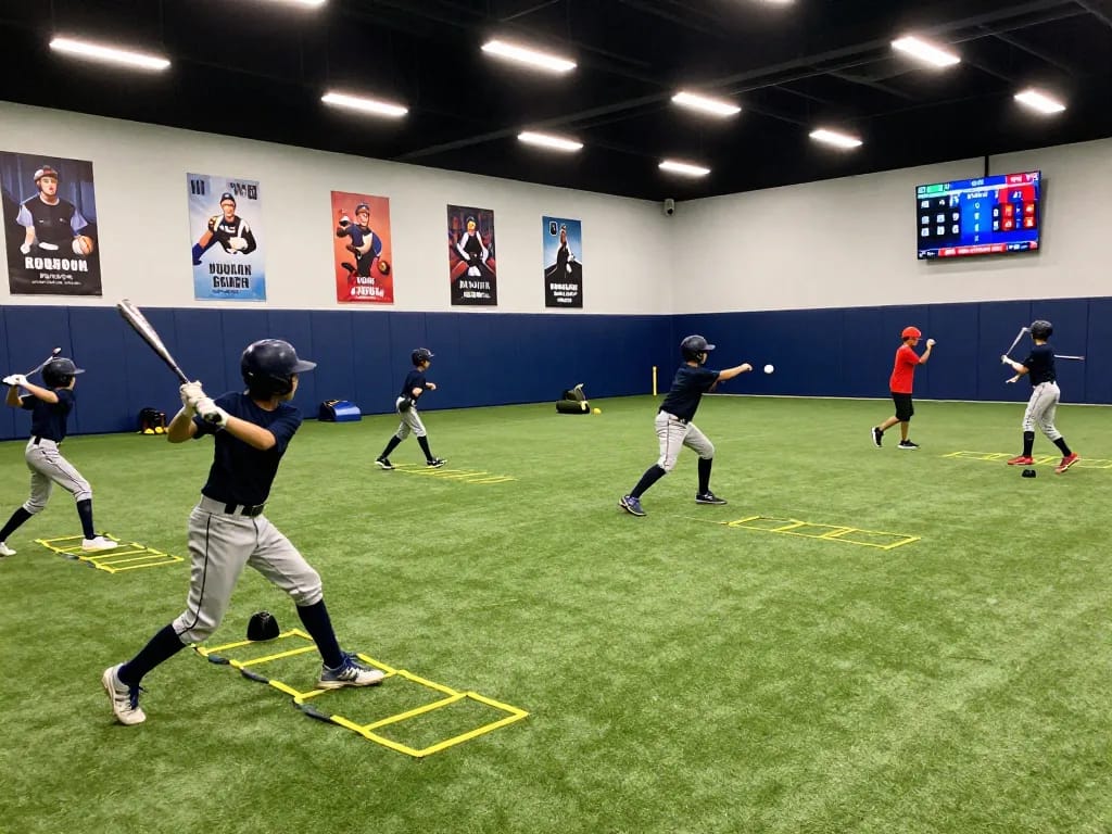 Hitclub baseball training facility with young athletes practicing swings and pitching drills