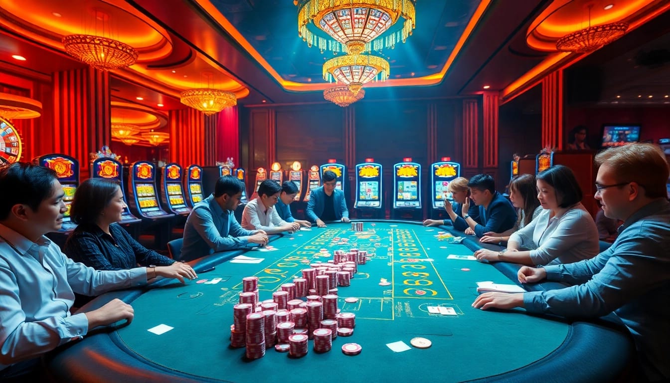 Experience the excitement of Cổng game B52 with vibrant casino gaming tables and enthusiastic players.