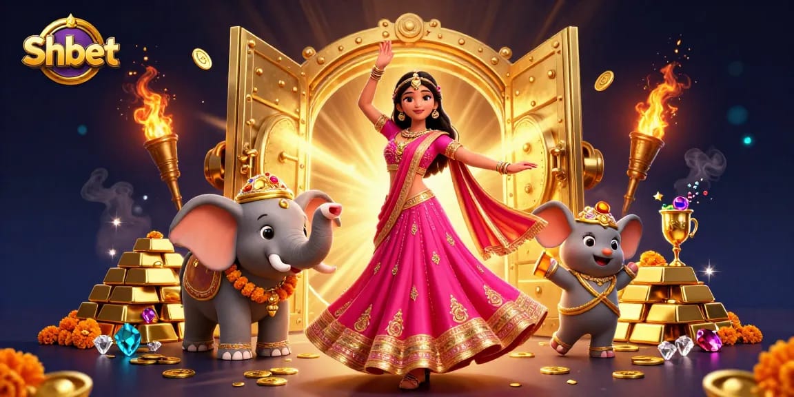 Experience Shbet excitement with a vibrant 3D illustration of casino adventures featuring gold, jewels, and captivating characters.