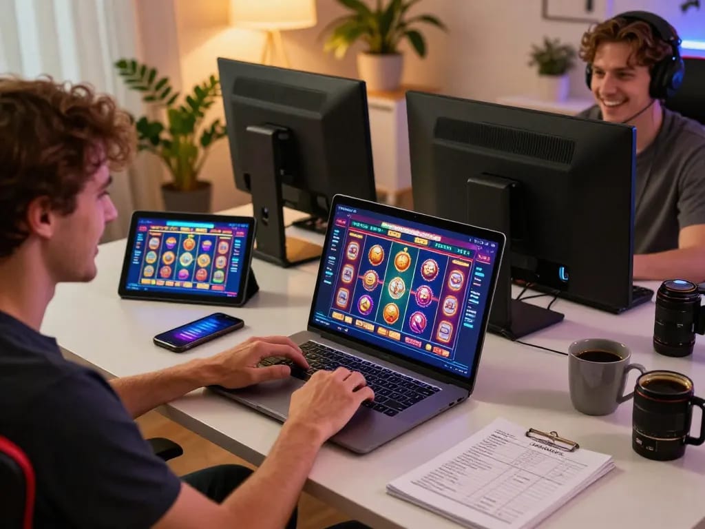 Engaging in online gaming with sunwin slot games on a laptop at a cozy setup