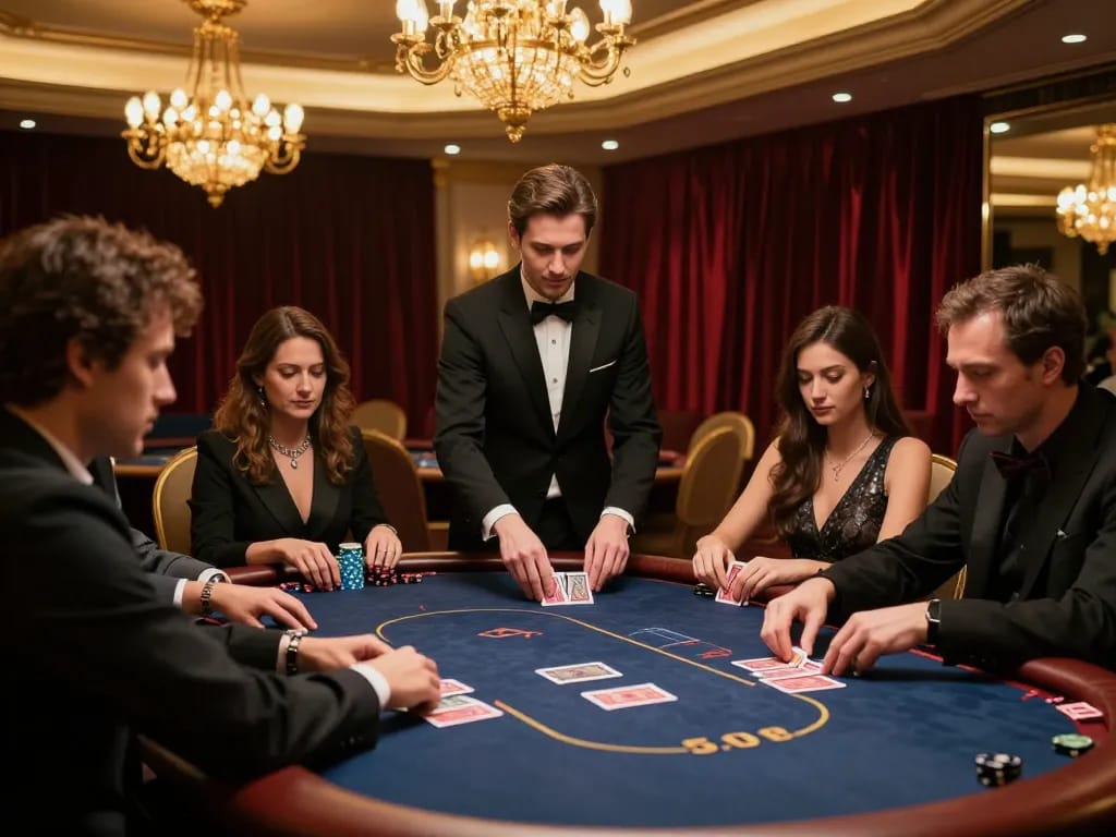 KJC high-stakes poker game in a luxury casino, with players focused on their cards.