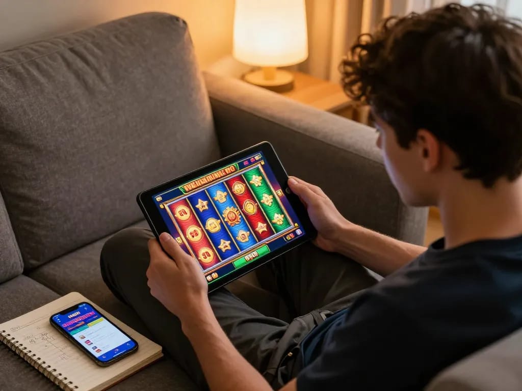 Player enjoying slot gameplay on a tablet at home with WW88 app open, showcasing excitement and strategy