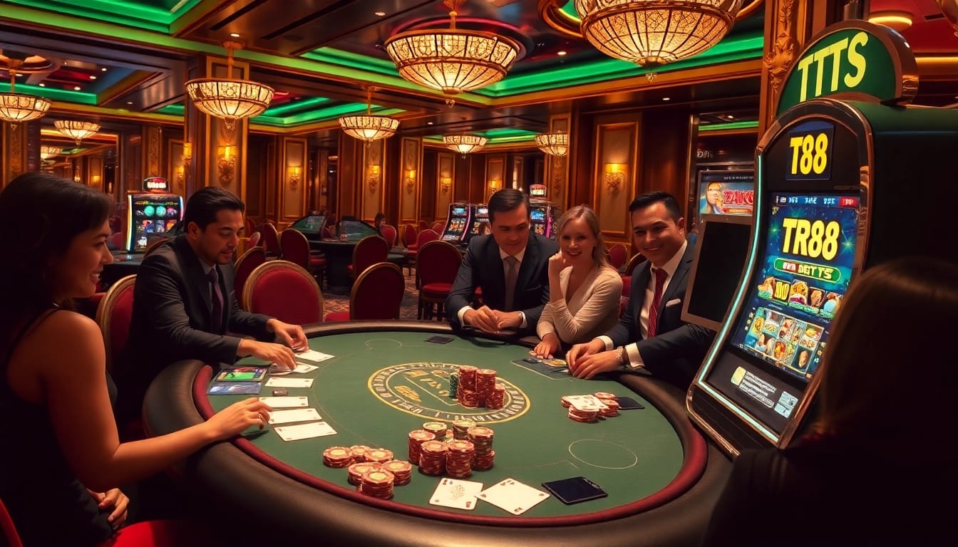 Players engage in a high-stakes poker game with the "TR 88" slot machine in a luxurious casino environment.