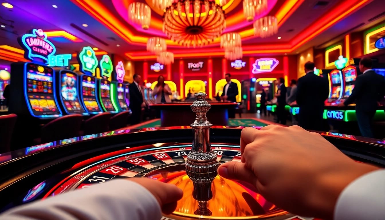Players enjoying a thrilling experience at https://789betg.com/ with roulette and vibrant slot machines.