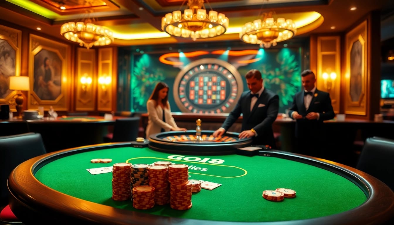 Exciting GO8 poker table scene with players, chips, and cards in a luxurious casino.