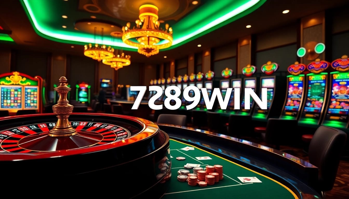 Experience the thrill of 789win with vibrant casino scenes featuring roulette and poker tables.