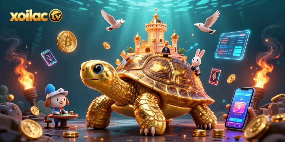 Xoilac TV captures the excitement of live gaming with a vibrant 3D illustration of a golden tortoise casino and a rabbit dealer.