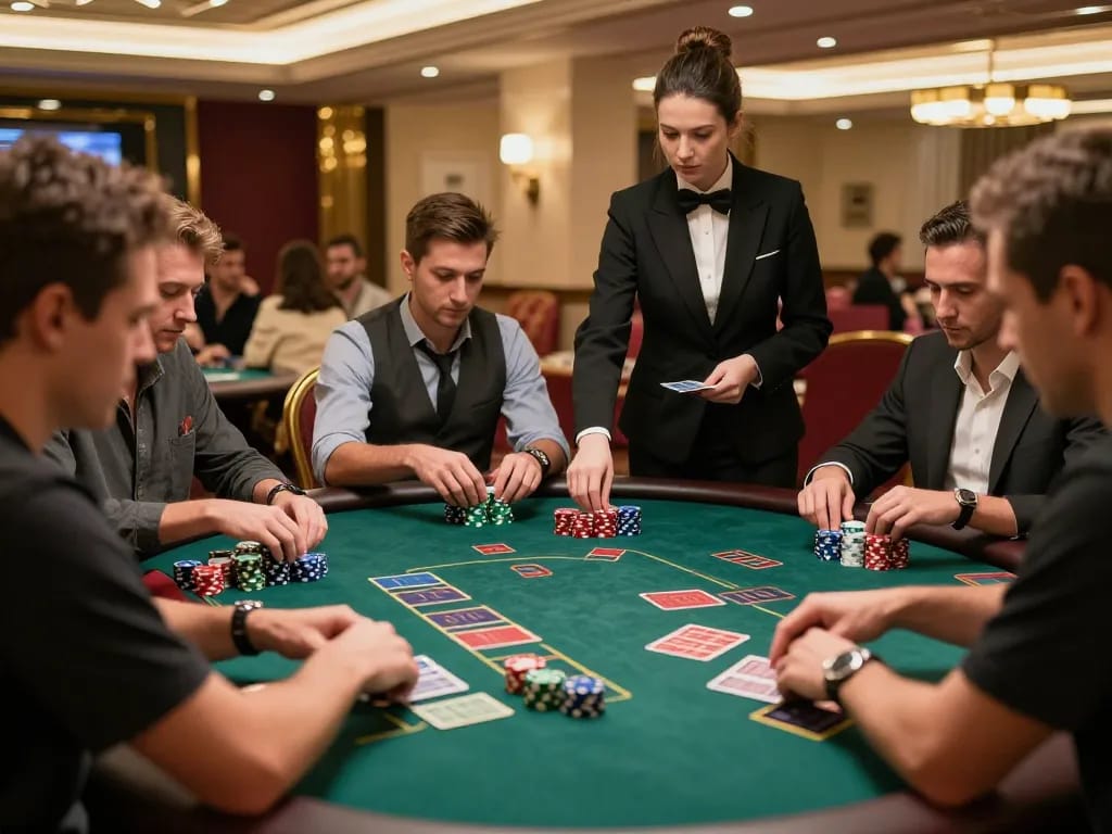 Experience mb66 excitement at an elegant blackjack table with focused players and professional dealer.