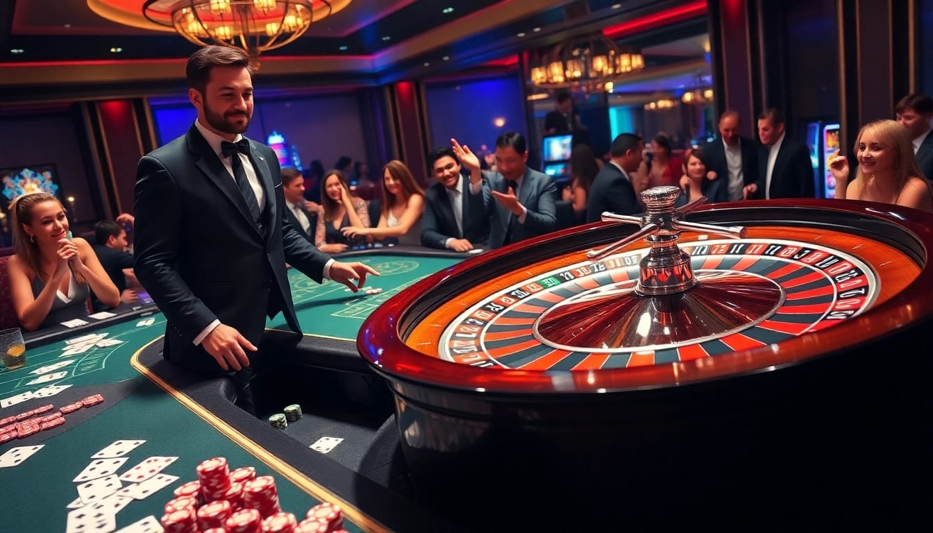 Experience the thrill of winning at trang chủ 69vn with a vibrant casino scene showcasing a roulette wheel.