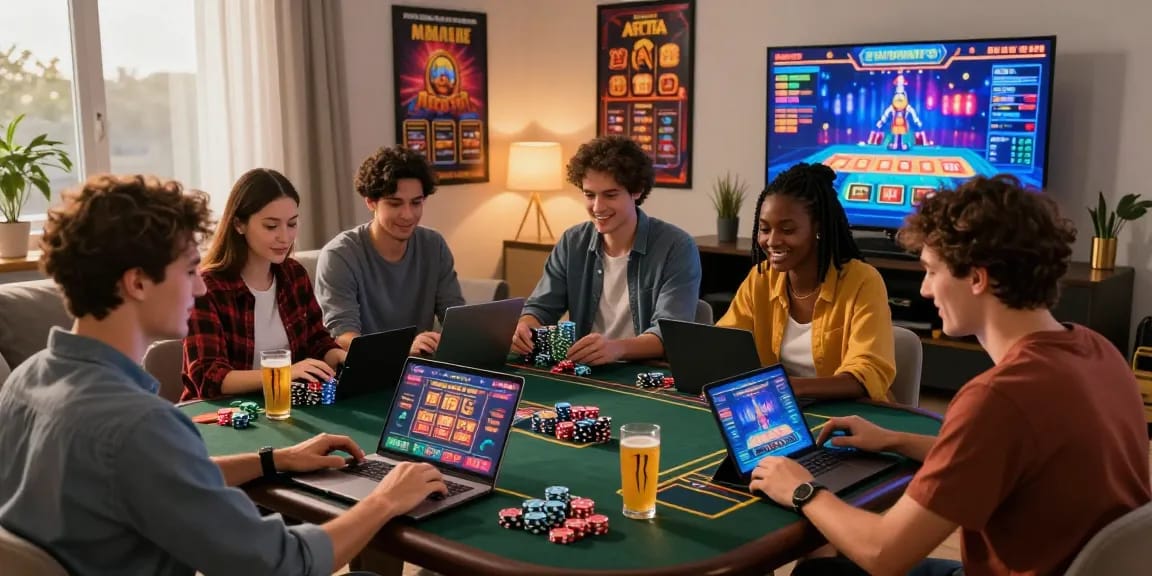 Players excitedly enjoying non uk casinos at https://cocomaya.co.uk/non-uk-casinos/ with laptops, chips, and vibrant game posters in a cozy living room.