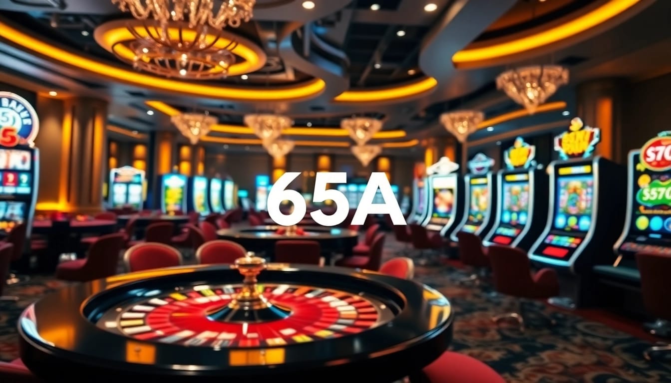 Exciting casino action with 65A logo, featuring elegant tables and dynamic slot machines.