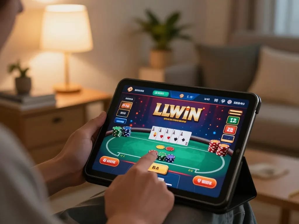 Player enjoying a poker game on LLWIN tablet in a cozy home setting.