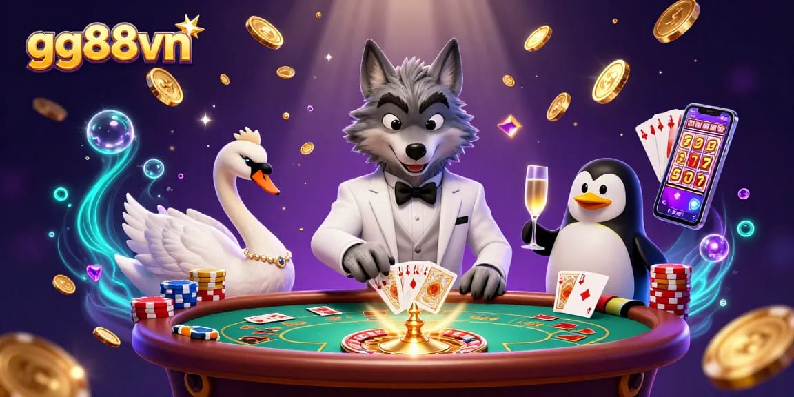 Experience excitement at gg88vn with a cartoon wolf at baccarat, gems, and golden coins.