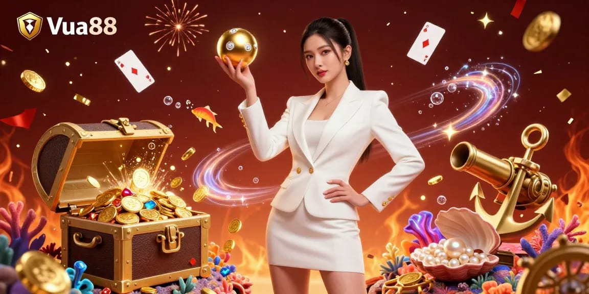Engage with Vua88 as a stylish Asian woman holds a golden roulette ball amid glamorous casino elements.