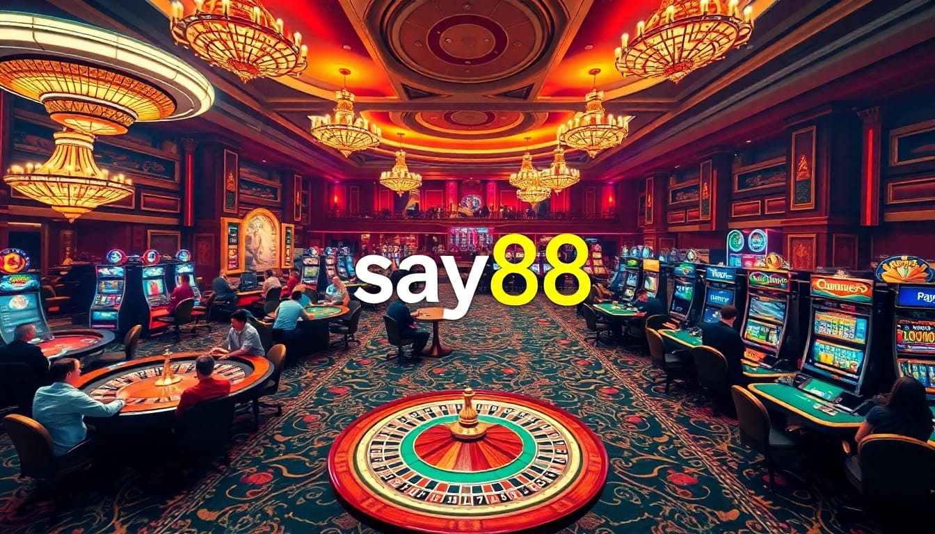 Players enjoy thrilling casino games at say88 with vibrant roulette and poker tables.