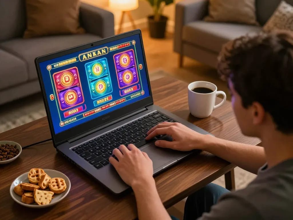 CK444 player enjoying online slots gaming at home with snacks and cozy atmosphere.
