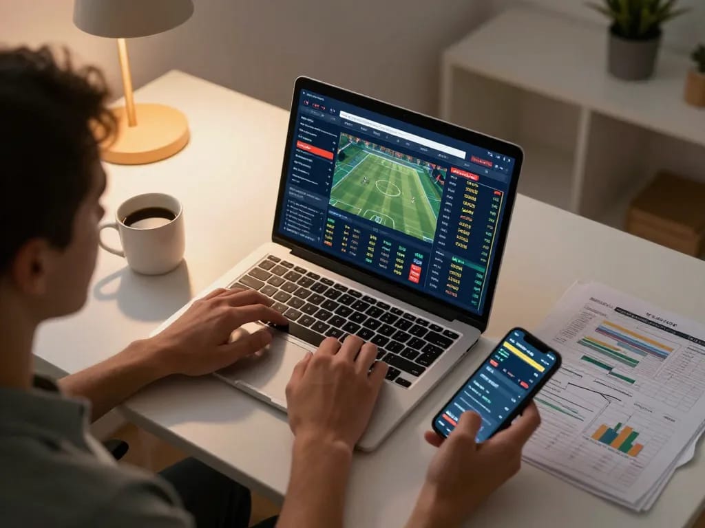 Engaging in live sports betting on soibetzz with a laptop and smartphone in an inviting home office.