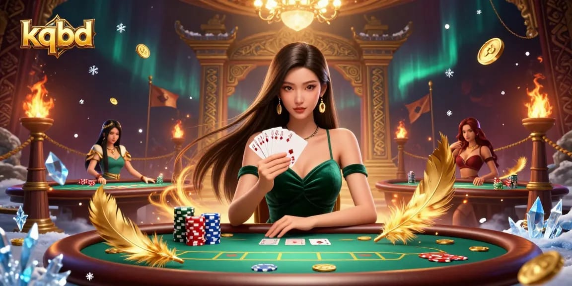 Engage with kqbd as a beautiful Asian woman holds winning poker cards at a luxury table.