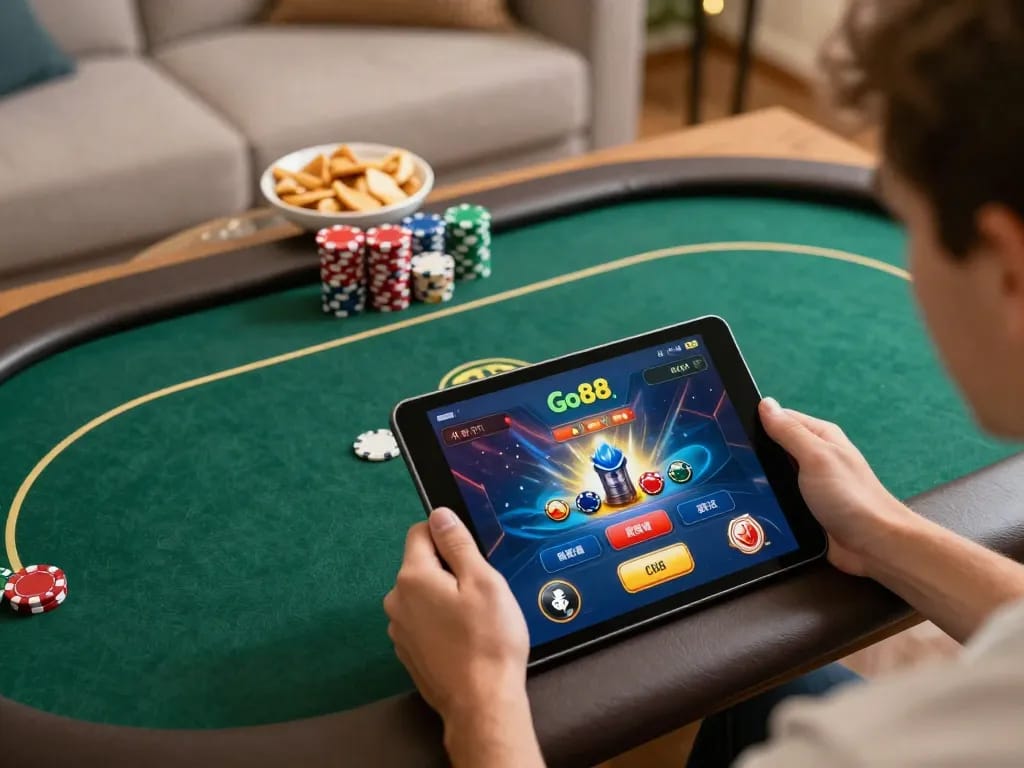 Engaging gameplay on Go88 club tablet with focused player enjoying online poker.