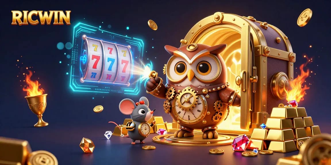 Experience RICWIN in an immersive 3D casino scene with dazzling gems and classic slot elements.