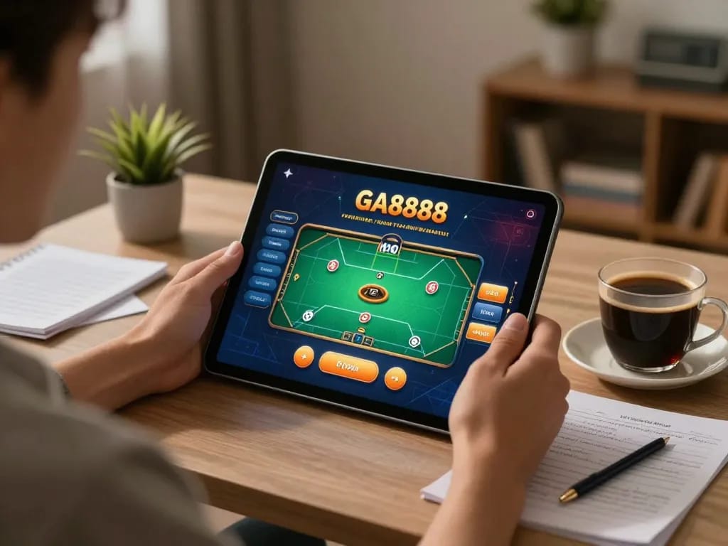 Player enjoying online poker on GA8888 tablet in a cozy living room setting.
