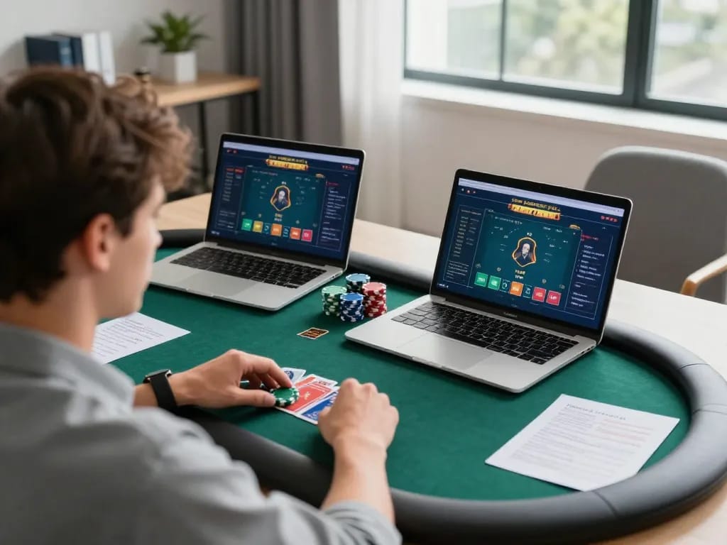 VA88 poker game strategy in a modern home office with focused player and betting notes.