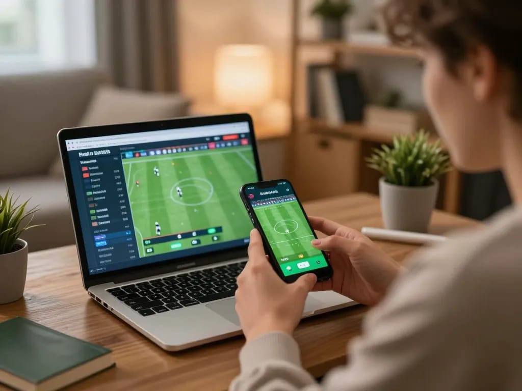 Engaging in fooballl live betting on smartphone at a cozy home setup, showcasing sports analytics.