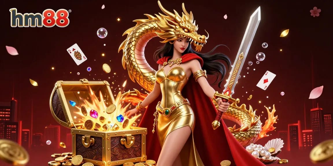 Experience excitement with hm88 as dynamic casino elements grace a stunning warrior queen illustration.