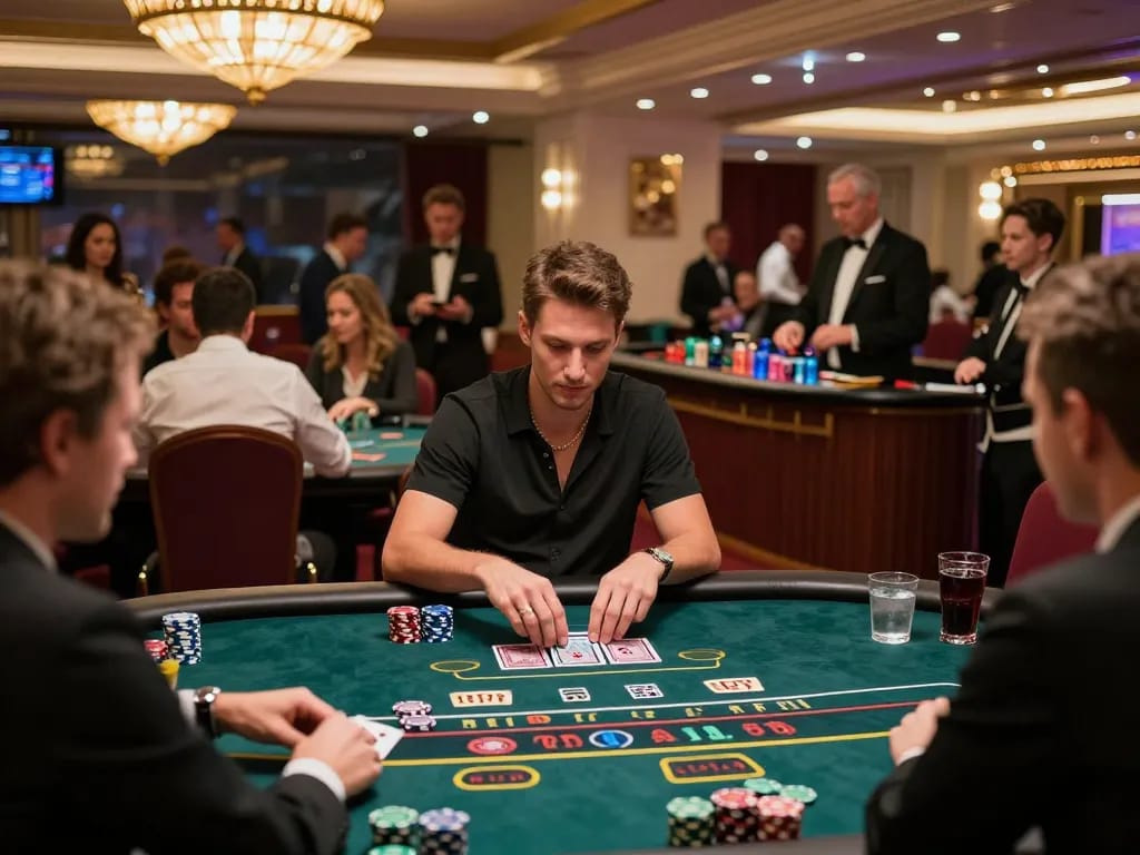 A player engaging in a high-stakes blackjack game at MM88 casino, showcasing strategic gameplay and the vibrant casino atmosphere.