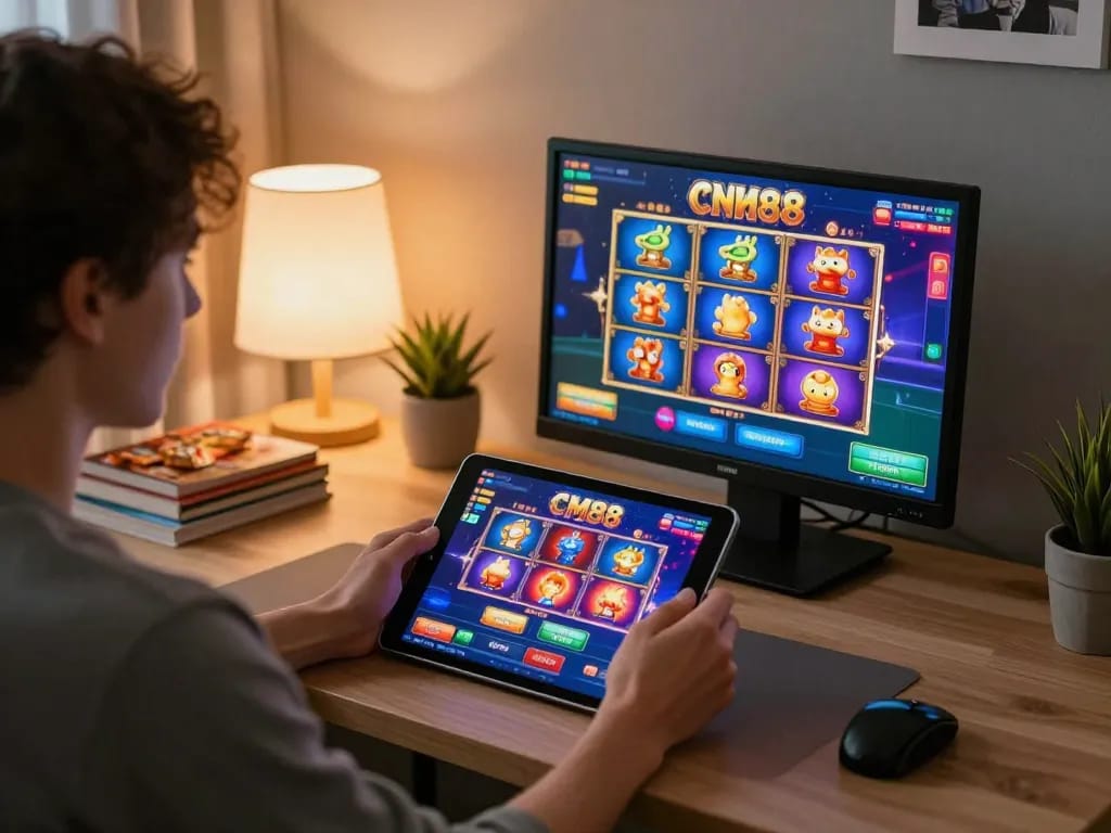 Engaging in CM88 online casino gaming at home with a tablet, illustrating a vibrant gaming experience