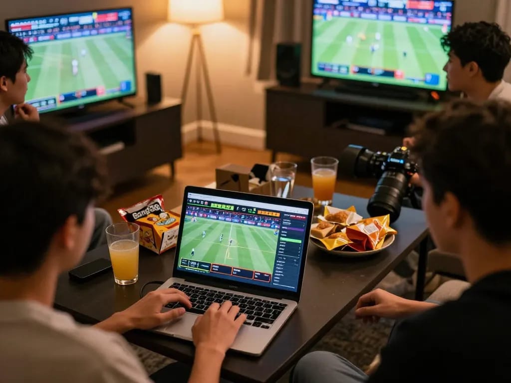 Bong88 sports betting action with friends using a laptop during live events